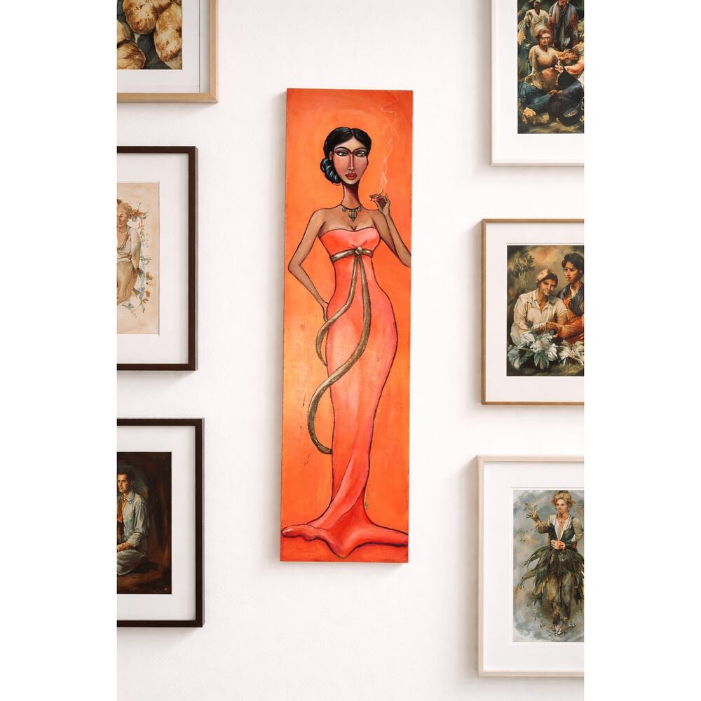 vintage Cate Rangel original signed painting on wood tall figurative woman decor